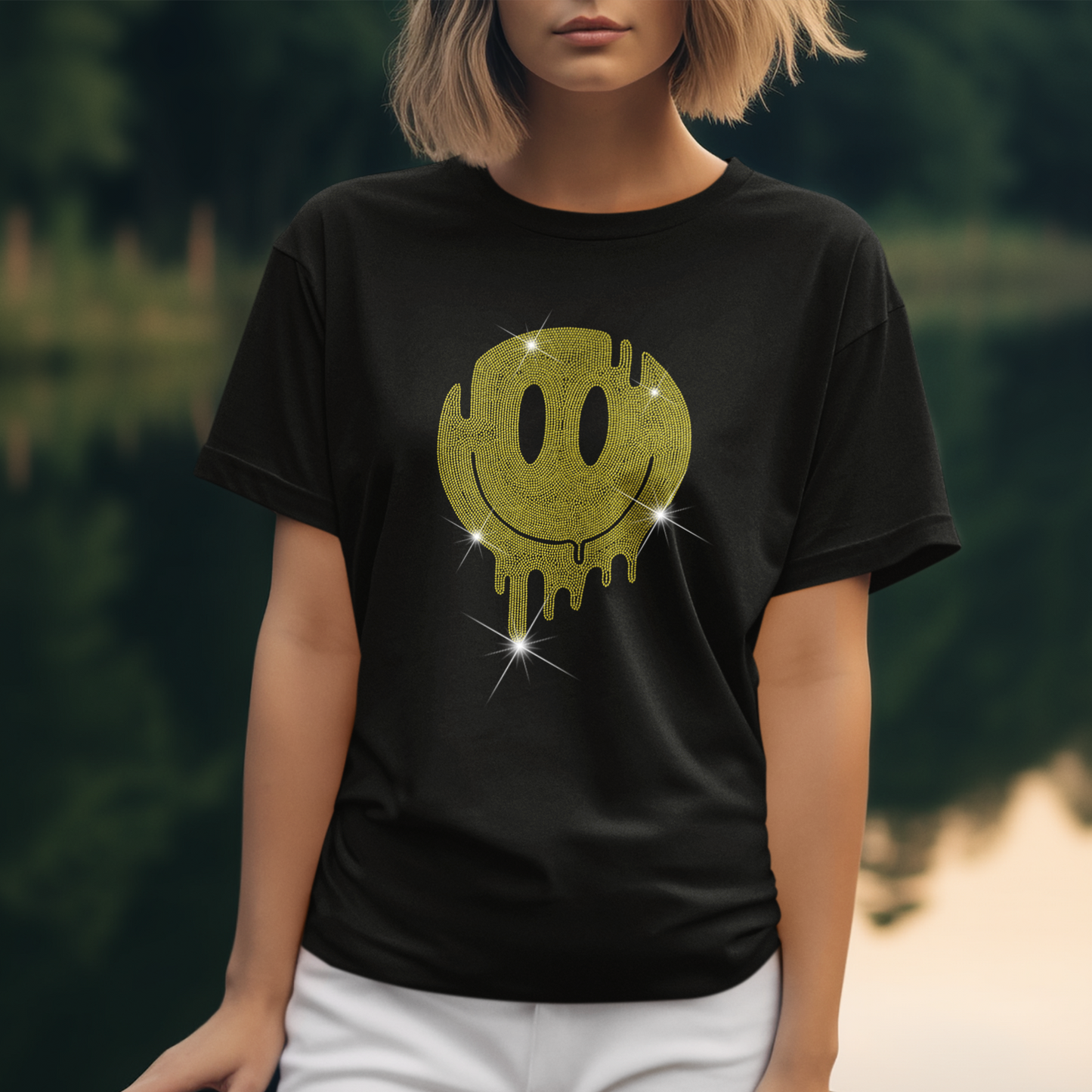 Melting Smiley Face Sparkle Rhinestone T-Shirt | The Dazzle District